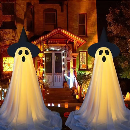 Halloween Outdoor Ghost Decoration with String Lights, Adjustable Height for Front Door, Porch, and Yard