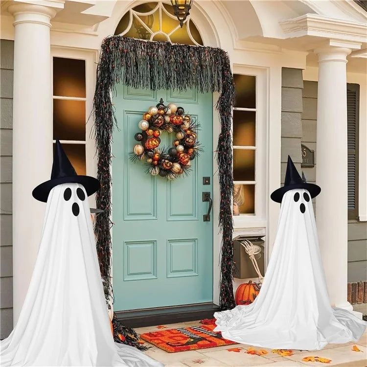 Halloween Outdoor Ghost Decoration with String Lights, Adjustable Height for Front Door, Porch, and Yard