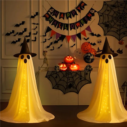 Halloween Outdoor Ghost Decoration with String Lights, Adjustable Height for Front Door, Porch, and Yard