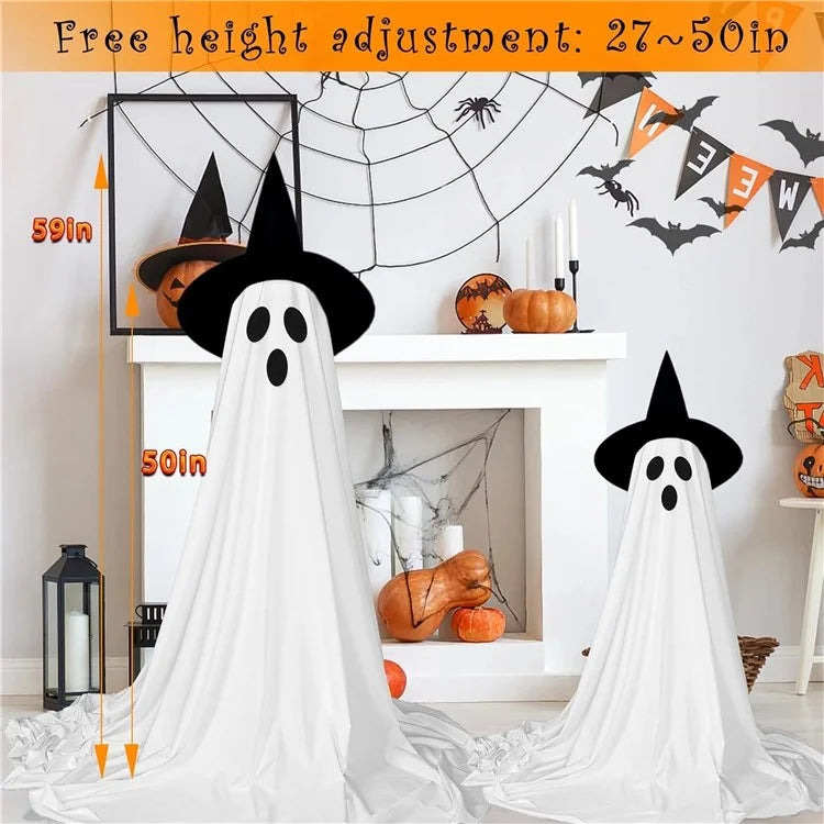 Halloween Outdoor Ghost Decoration with String Lights, Adjustable Height for Front Door, Porch, and Yard