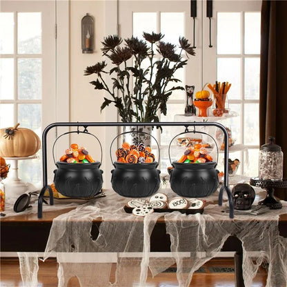 Halloween Decor 3 Sets Witches Cauldron Serving Bowls on Rack Black Plastic Candy Bucket for Home Kitchen