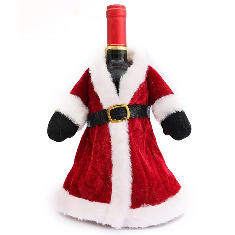 Velvet Wine Bottle Cover Santa Red Wine Bottle Sweater Cover with Belt Set for Christmas Party