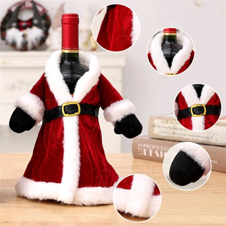 Velvet Wine Bottle Cover Santa Red Wine Bottle Sweater Cover with Belt Set for Christmas Party
