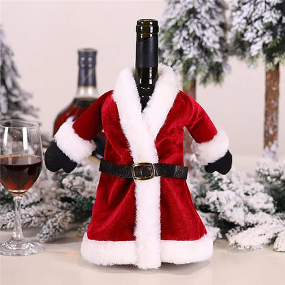 Velvet Wine Bottle Cover Santa Red Wine Bottle Sweater Cover with Belt Set for Christmas Party