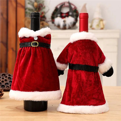 Velvet Wine Bottle Cover Santa Red Wine Bottle Sweater Cover with Belt Set for Christmas Party