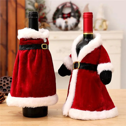 Velvet Wine Bottle Cover Santa Red Wine Bottle Sweater Cover with Belt Set for Christmas Party