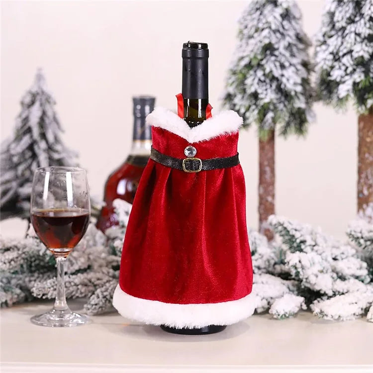 Velvet Wine Bottle Cover Santa Red Wine Bottle Sweater Cover with Belt Set for Christmas Party