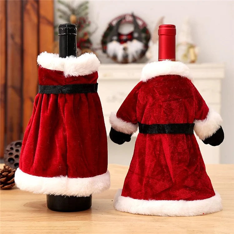 Velvet Wine Bottle Cover Santa Red Wine Bottle Sweater Cover with Belt Set for Christmas Party