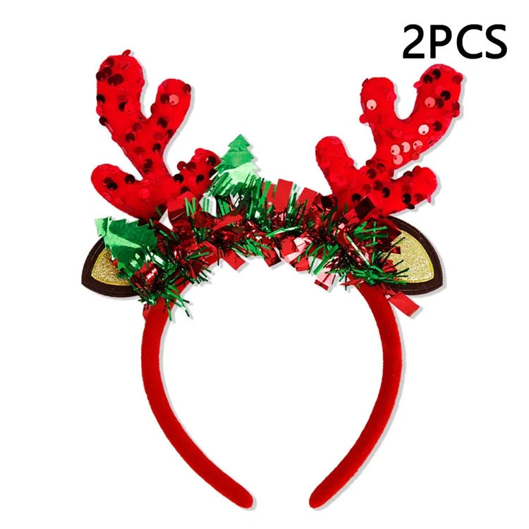2Pcs Christmas Hair Hoop Glitter Sequins Antler Headband Xmas Party Costume Headwear with Tinsel