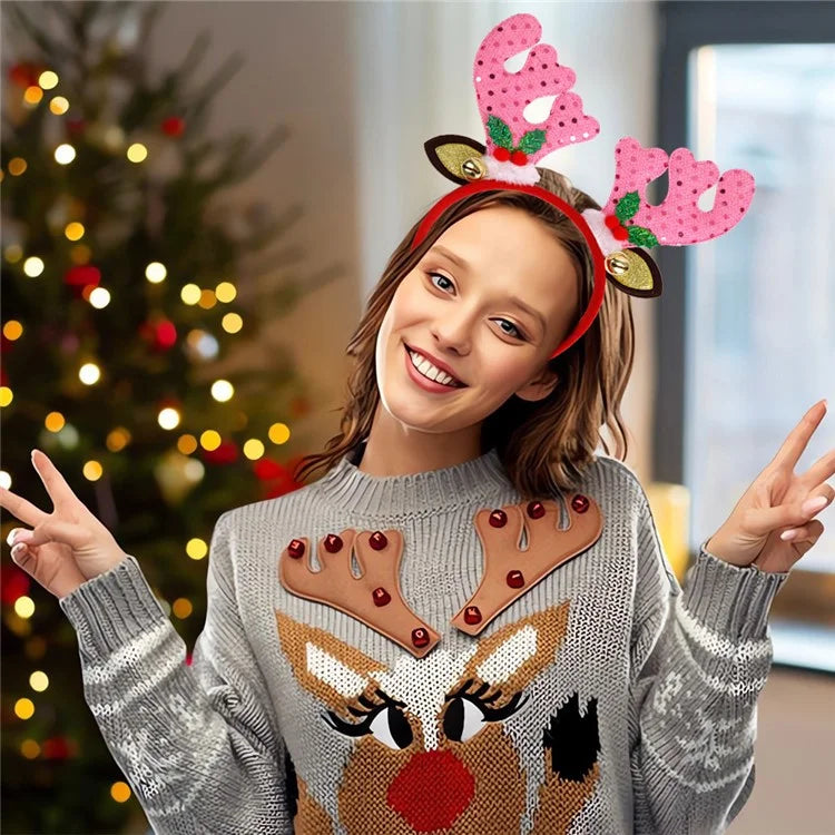 2Pcs Christmas Hair Hoop Glitter Sequins Antler Headband Xmas Party Costume Headwear with Tinsel
