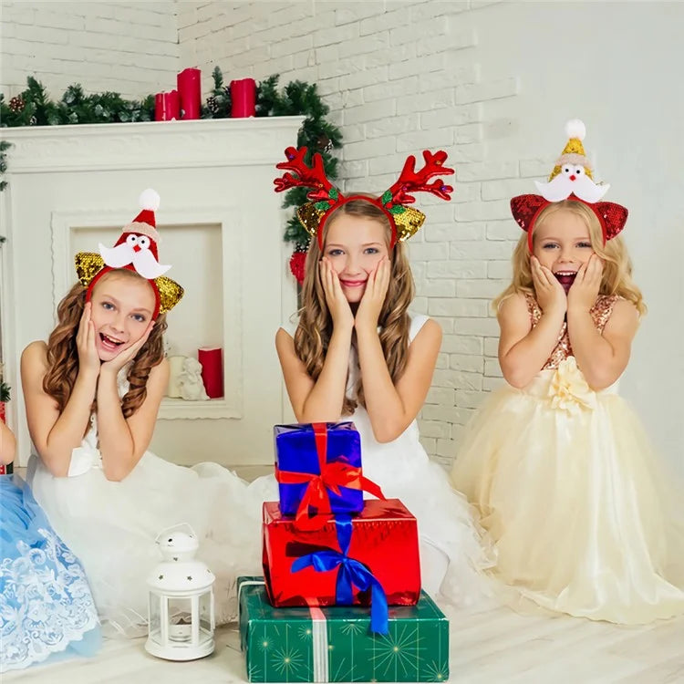 2Pcs Christmas Hair Hoop Glitter Sequins Antler Headband Xmas Party Costume Headwear with Tinsel