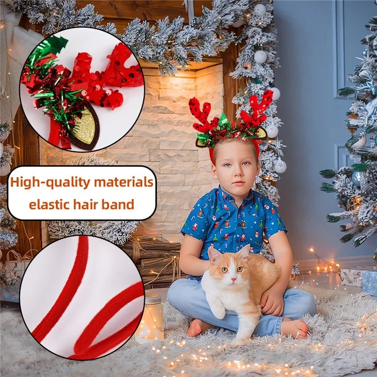 2Pcs Christmas Hair Hoop Glitter Sequins Antler Headband Xmas Party Costume Headwear with Tinsel