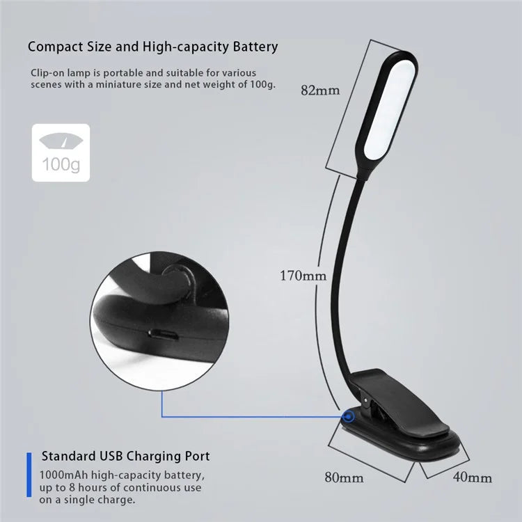 CN1001 Rechargeable LED Clip-on Book Light 3 Color Temperature ABS Reading Lamp