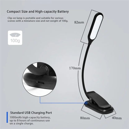 CN1001 Rechargeable LED Clip-on Book Light 3 Color Temperature ABS Reading Lamp