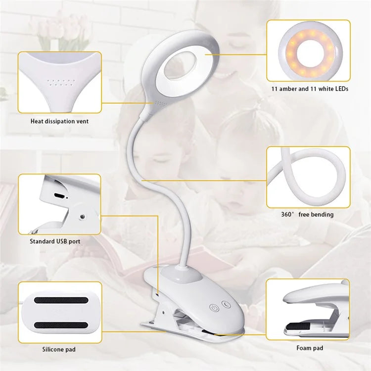 ST-8030 Clip-on LED Light 3 Color Temperature Touch Control Rechargeable ABS Reading Lamp