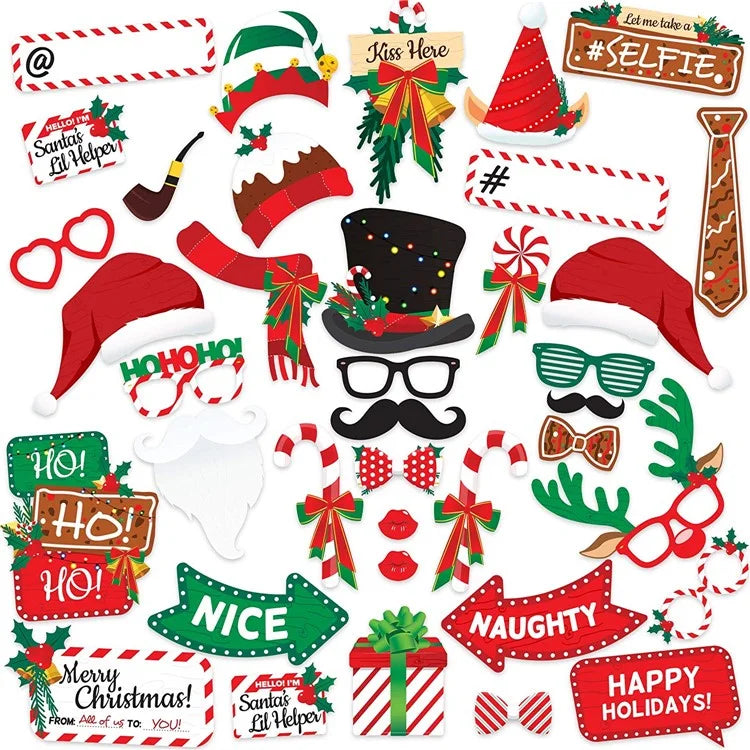 38Pcs / Set Christmas Photo Props Kit Santa Hat Lips Beard Glasses Birthday Party Supplies