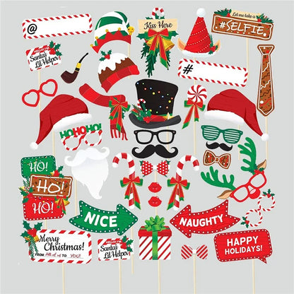 38Pcs / Set Christmas Photo Props Kit Santa Hat Lips Beard Glasses Birthday Party Supplies
