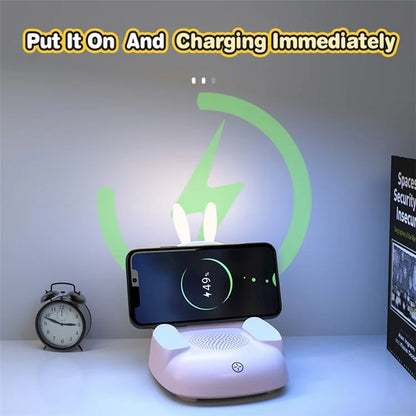 TB-99SLIWBT Rabbit Design 7 Color Ambient Light Bluetooth Speaker Night Light Table Lamp with 15W Wireless Charging