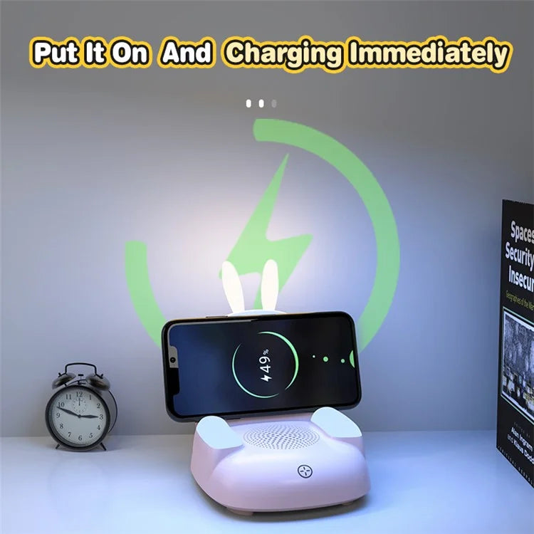 TB-99SLIWBT Rabbit Design 7 Color Ambient Light Bluetooth Speaker Night Light Table Lamp with 15W Wireless Charging