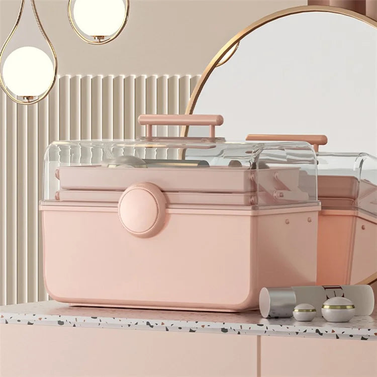 Size XL Desktop Cosmetics PP Storage Box Clear Lid Dustproof Makeup Organizer with Handle