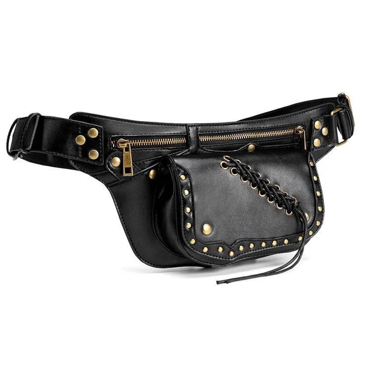 FBG016BK Medieval Punk PU Leather Crossbody Bag Metal Rivet Decor Chest Bag