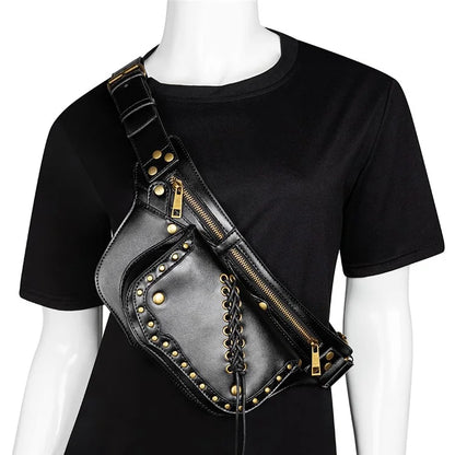 FBG016BK Medieval Punk PU Leather Crossbody Bag Metal Rivet Decor Chest Bag
