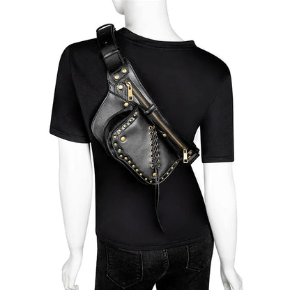 FBG016BK Medieval Punk PU Leather Crossbody Bag Metal Rivet Decor Chest Bag