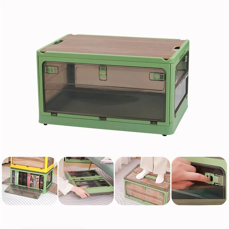 37 x 26.5 x 22cm Folding Storage Box for Home, 5-Sided Doors PP Storage Bin, Size: S / Wood Lid