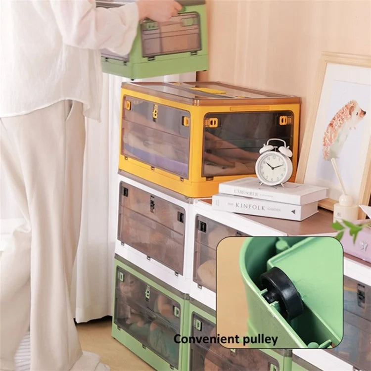 37 x 26.5 x 22cm Folding Storage Box for Home, 5-Sided Doors PP Storage Bin, Size: S / Wood Lid