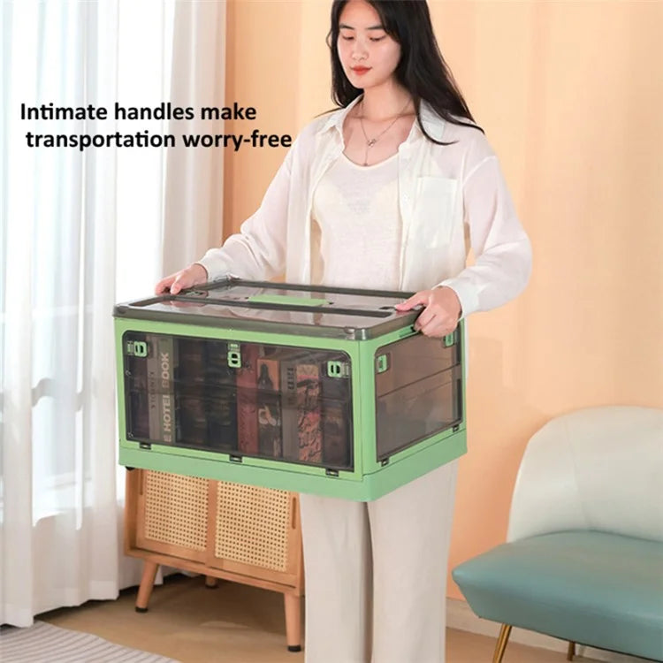 37 x 26.5 x 22cm Folding Storage Box for Home, 5-Sided Doors PP Storage Bin, Size: S / Wood Lid