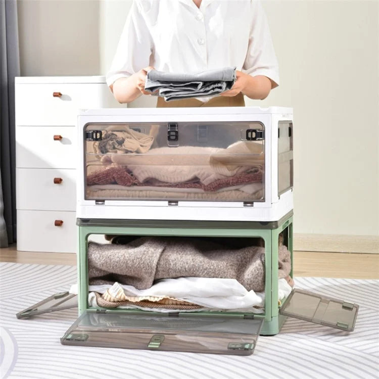 37 x 26.5 x 22cm Folding Storage Box for Home, 5-Sided Doors PP Storage Bin, Size: S / Wood Lid