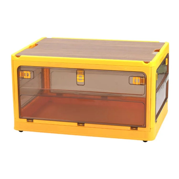 37 x 26.5 x 22cm Folding Storage Box for Home, 5-Sided Doors PP Storage Bin, Size: S / Wood Lid