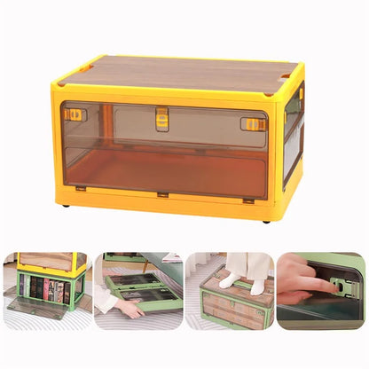 37 x 26.5 x 22cm Folding Storage Box for Home, 5-Sided Doors PP Storage Bin, Size: S / Wood Lid