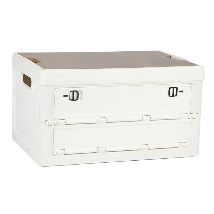 55L Storage Box Wood+PP Outdoor Foldable Storage Organizer with Lid, 525x360x295mm