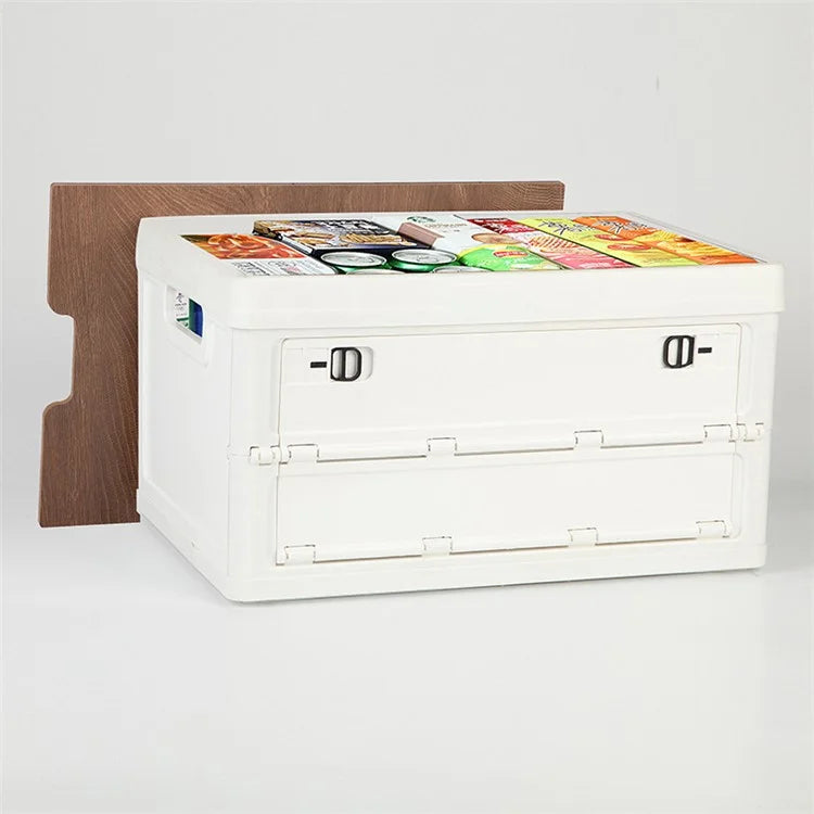 55L Storage Box Wood+PP Outdoor Foldable Storage Organizer with Lid, 525x360x295mm