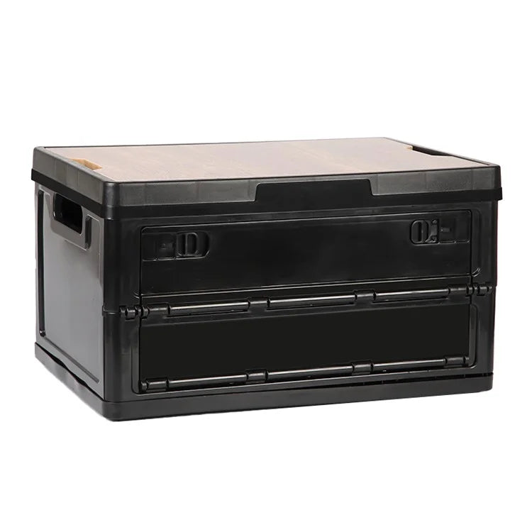 55L Storage Box Wood+PP Outdoor Foldable Storage Organizer with Lid, 525x360x295mm