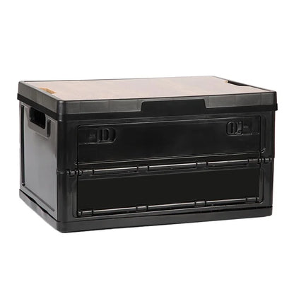 55L Storage Box Wood+PP Outdoor Foldable Storage Organizer with Lid, 525x360x295mm