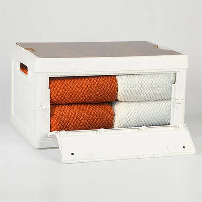55L Storage Box Wood+PP Outdoor Foldable Storage Organizer with Lid, 525x360x295mm