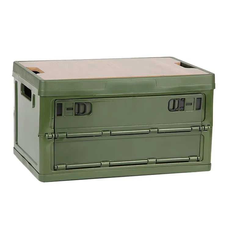 55L Storage Box Wood+PP Outdoor Foldable Storage Organizer with Lid, 525x360x295mm