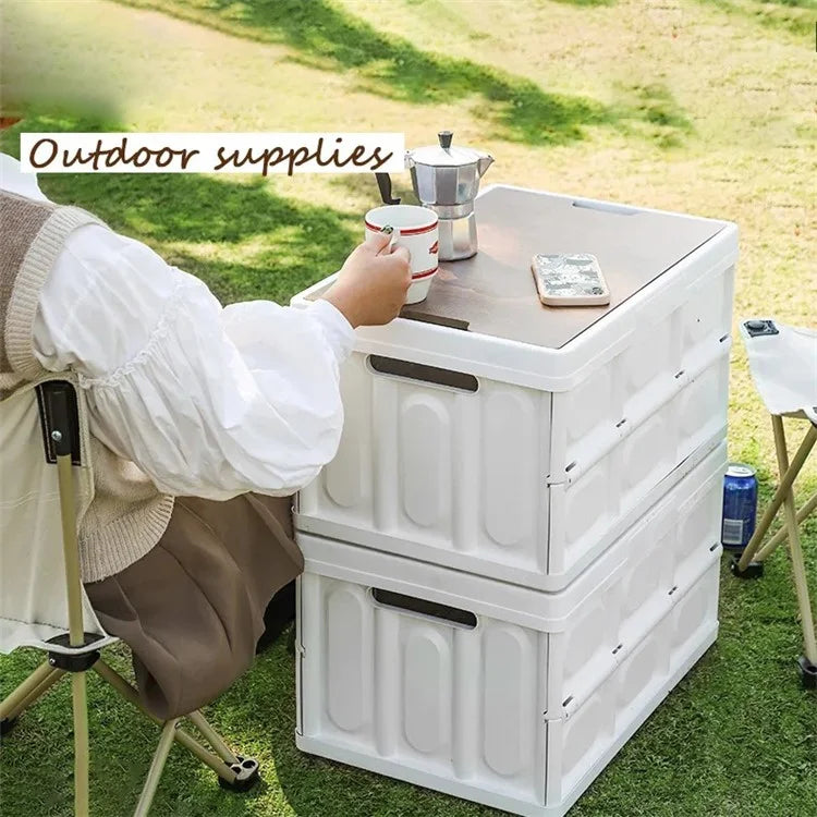 55L Storage Box Wood+PP Outdoor Foldable Storage Organizer with Lid, 525x360x295mm