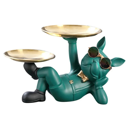 Resin Bulldog Design 304 Stainless Steel Storage Tray Keys Candy Holder Home Decoration