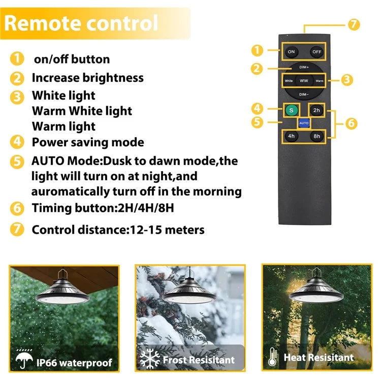 Hanging Solar Light Waterproof Yard Garden Patio Dimmable LED Lamp with Remote Control
