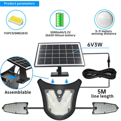 Independent Solar Panel 3-Head LED Wall Lamp PIR Human Body Sensing Villa Garden Yard Light