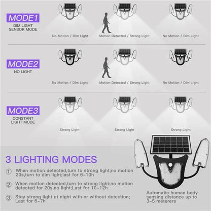 Independent Solar Panel 3-Head LED Wall Lamp PIR Human Body Sensing Villa Garden Yard Light