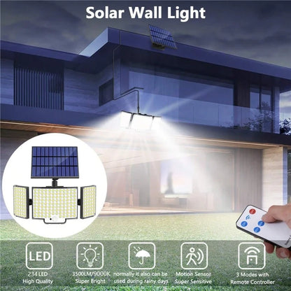 234LED Waterproof Outdoor 3-Head Solar Lamp Motion Sensor Garden Yard Wall Light with Remote Control
