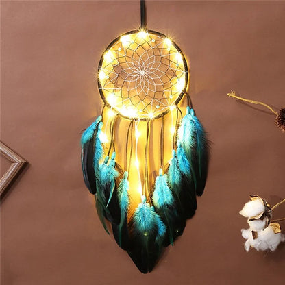 Blue Feather Dream Catcher Hanging Decor Wind Chime Home Wall Ornament with LED Light Strip