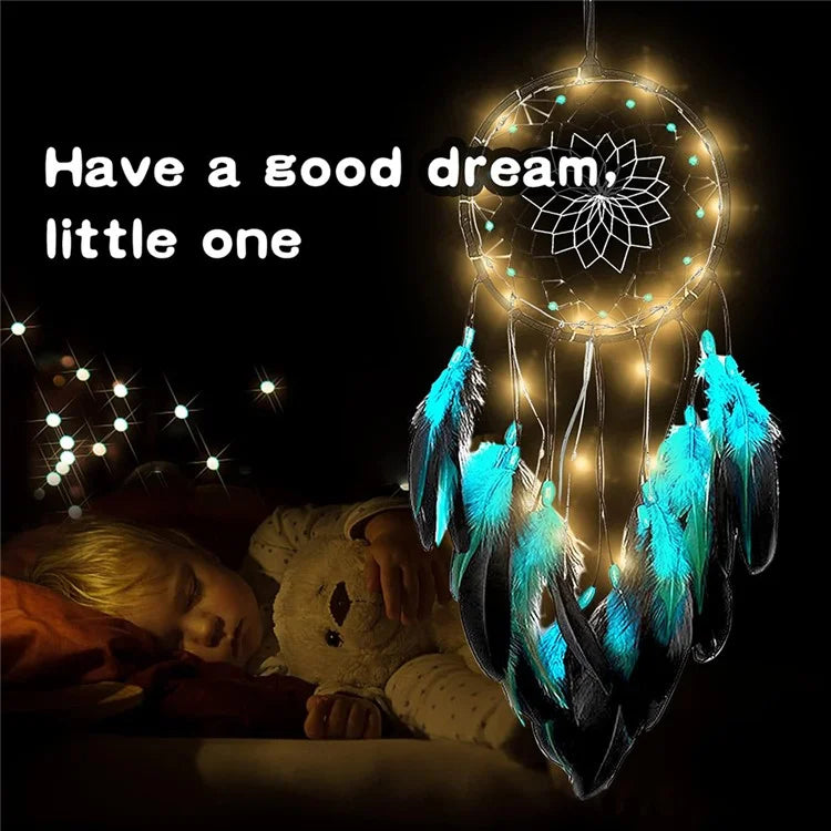 Blue Feather Dream Catcher Hanging Decor Wind Chime Home Wall Ornament with LED Light Strip