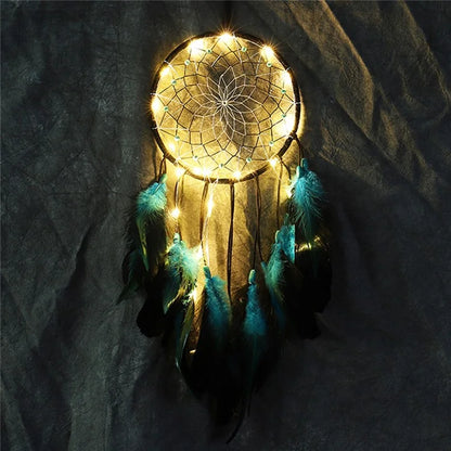 Blue Feather Dream Catcher Hanging Decor Wind Chime Home Wall Ornament with LED Light Strip