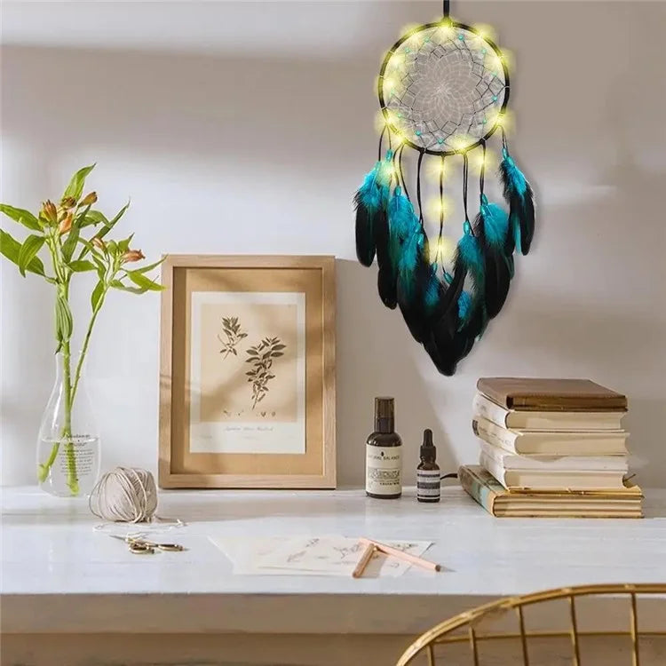 Blue Feather Dream Catcher Hanging Decor Wind Chime Home Wall Ornament with LED Light Strip
