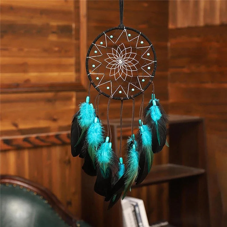 Blue Feather Dream Catcher Hanging Decor Wind Chime Home Wall Ornament with LED Light Strip